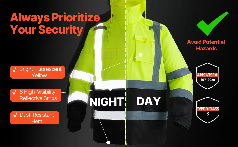 VEVOR Yellow Safety Jacket – Waterproof Hi Vis Class 3 Coat