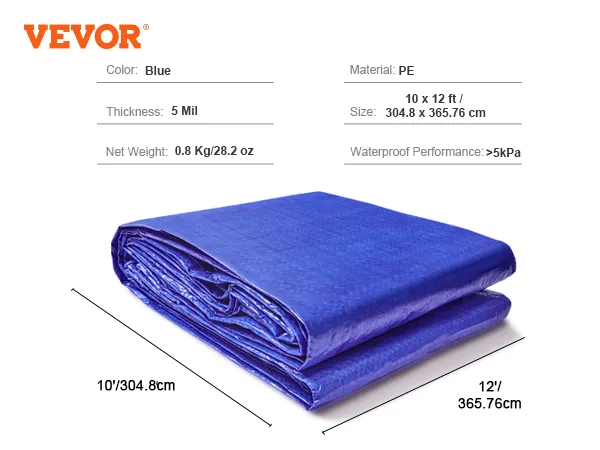 Lona impermeable VEVOR - azul, 10x12 pies, material PE, 5 mil de espesor, 0,8 kg, impermeable >5 kPa.