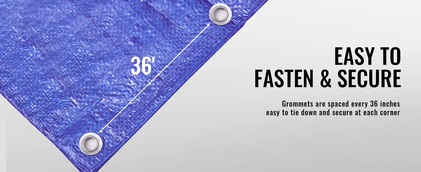 Lona impermeable azul VEVOR con ojales espaciados cada 36 pulgadas para una fácil sujeción y aseguramiento.