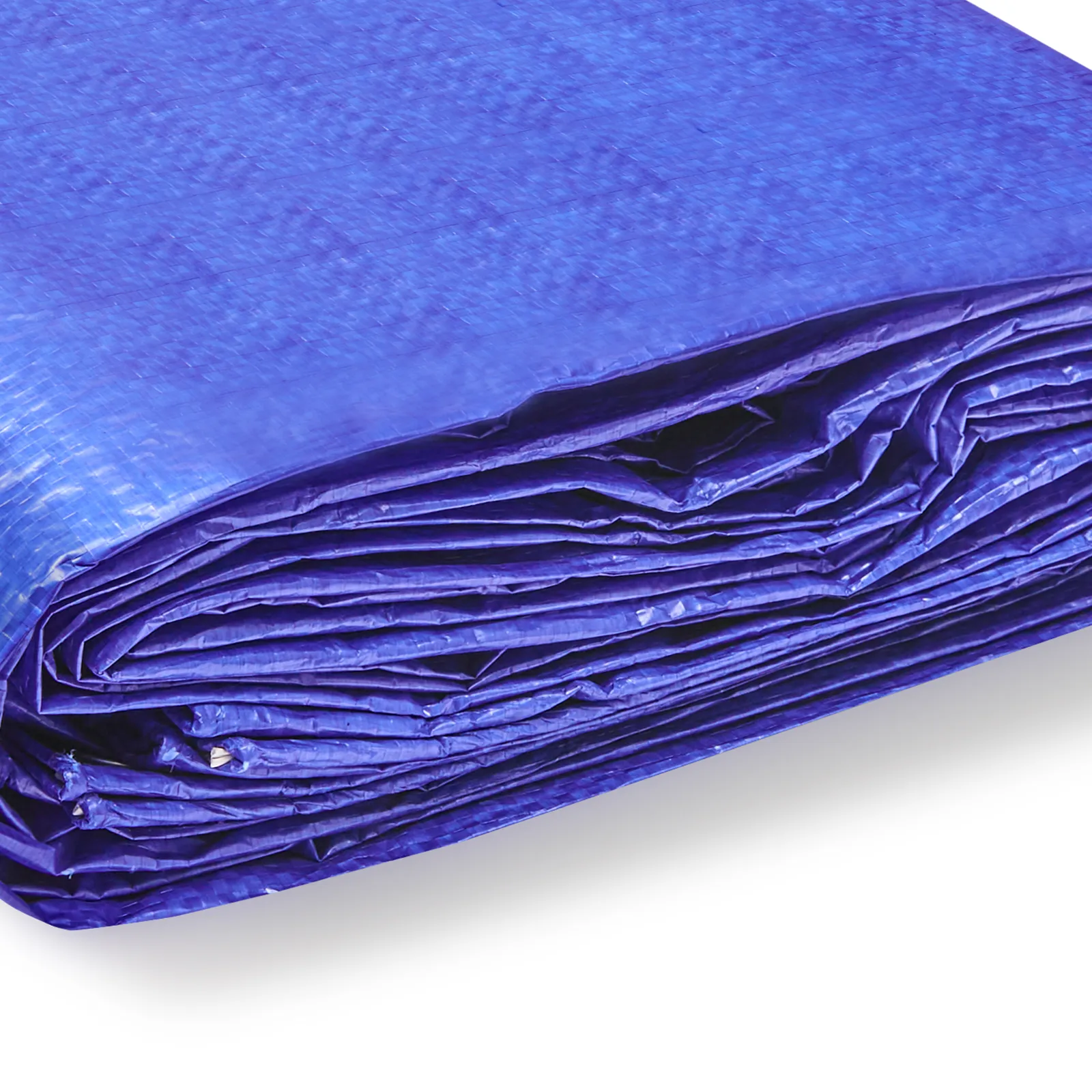 Primer plano de una lona impermeable VEVOR azul plegada que muestra una superficie texturizada y un material duradero.