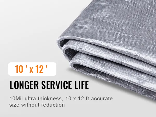 Telone VEVOR 10x12, spessore 10mil per una maggiore durata, mostrato piegato con specifiche di testo.