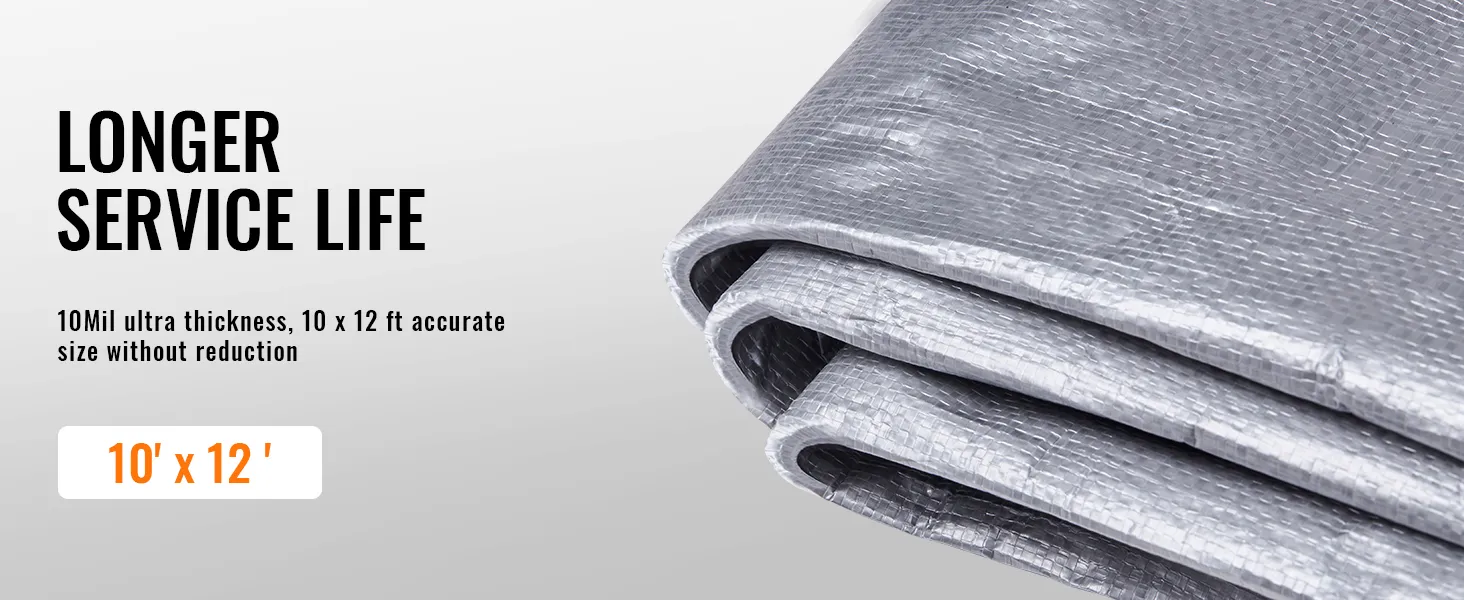 Telone VEVOR 10x12, spessore 10mil per una maggiore durata, mostrato piegato con specifiche di testo.