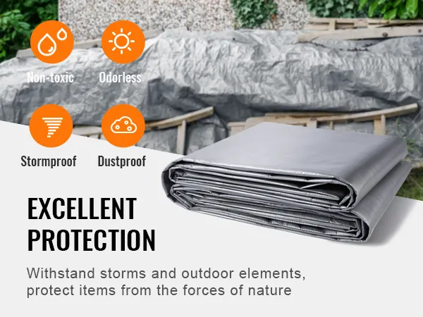 VEVOR waterproof tarp providing excellent protection, non-toxic, odorless, stormproof, and dustproof.