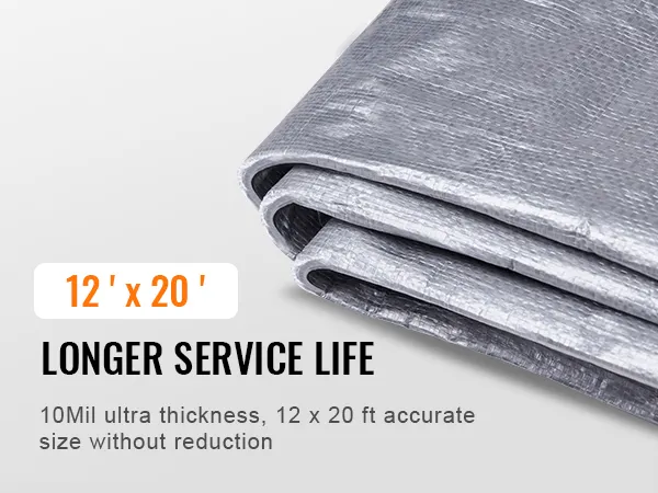 VEVOR waterproof tarp, 12x20 ft, silver color, ultra-thick 10 mil, longer service life.