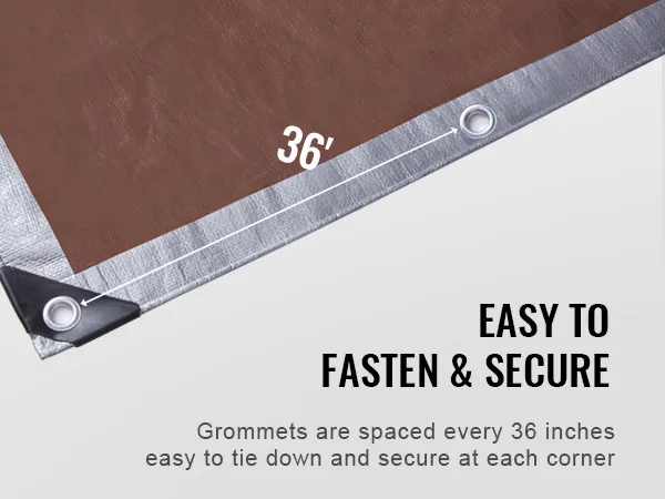 VEVOR waterproof tarp with reinforced corners and grommets spaced every 36 inches for secure fastening.