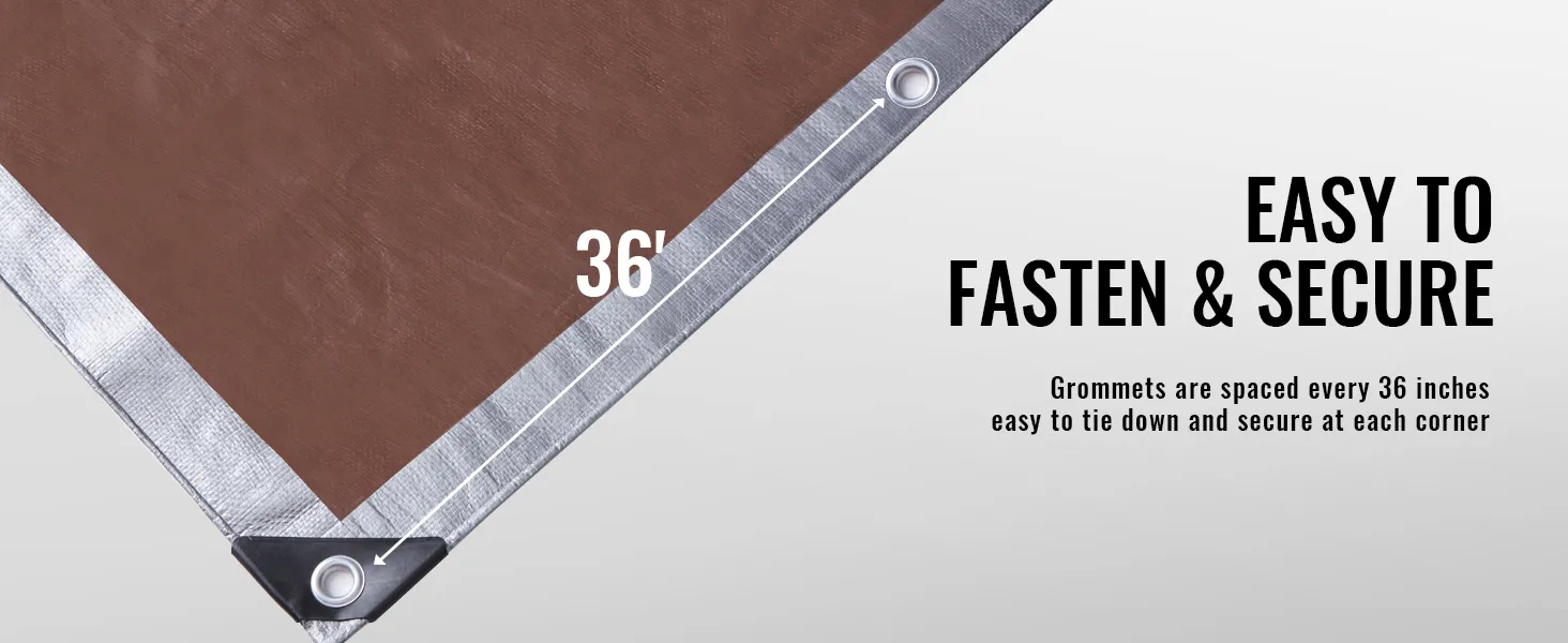 VEVOR waterproof tarp with reinforced corners and grommets spaced every 36 inches for secure fastening.