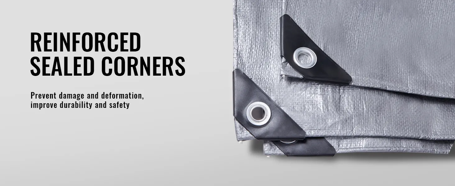 VEVOR waterproof tarp with reinforced sealed corners, enhancing durability and safety, preventing damage.