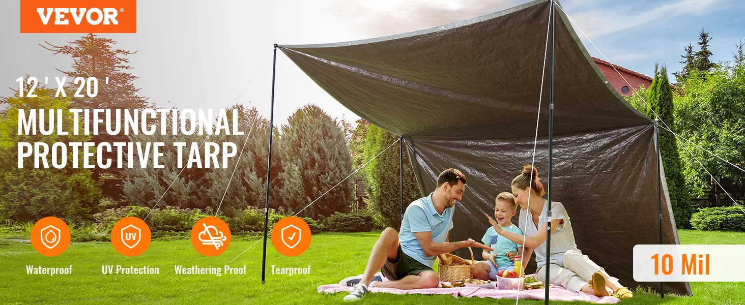 VEVOR waterproof tarp, 12'x20' multifunctional protective tarp, family picnic under canopy in green yard.