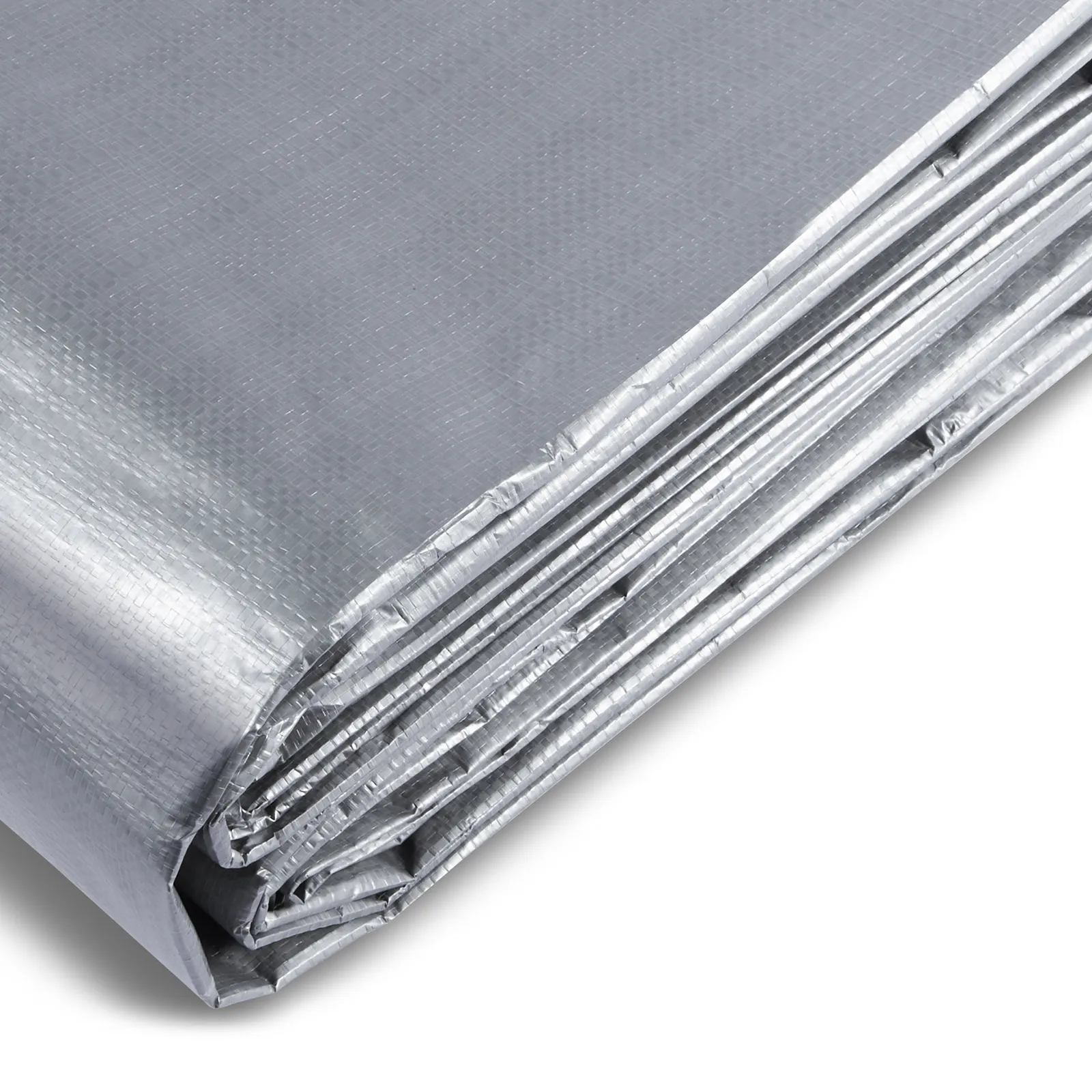 folded VEVOR waterproof tarp in silver with reinforced edges and grid pattern.