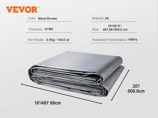 VEVOR tarp waterproof, silver/brown, 16x20 ft, 10 mil thick, pe material, 4.1kg weight, >8kpa waterproof.
