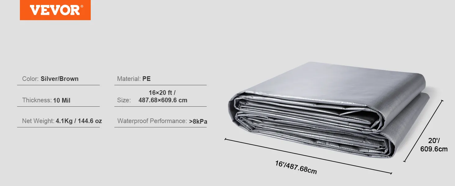 VEVOR tarp waterproof, silver/brown, 16x20 ft, 10 mil thick, pe material, 4.1kg weight, >8kpa waterproof.