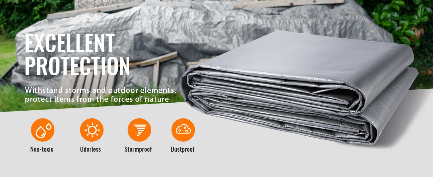 VEVOR tarp waterproof, folded on a table, offering excellent protection against outdoor elements.