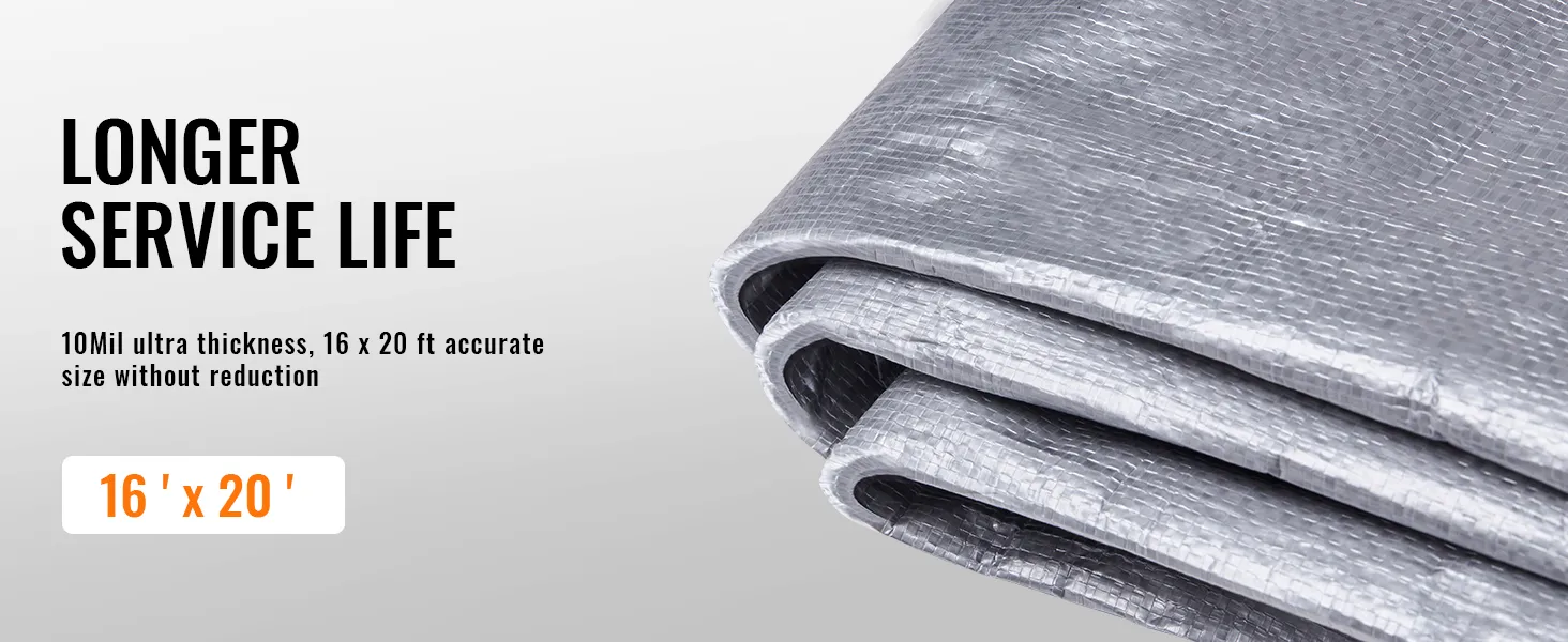 VEVOR tarp waterproof, 10mil thickness, 16 x 20 ft, durable and long-lasting folded silver tarp.
