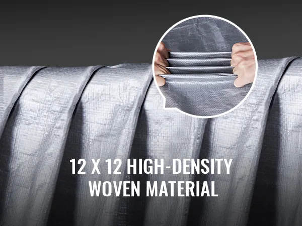 VEVOR tarp waterproof, showcasing 12x12 high-density woven material, close-up of hand tensioning fabric.