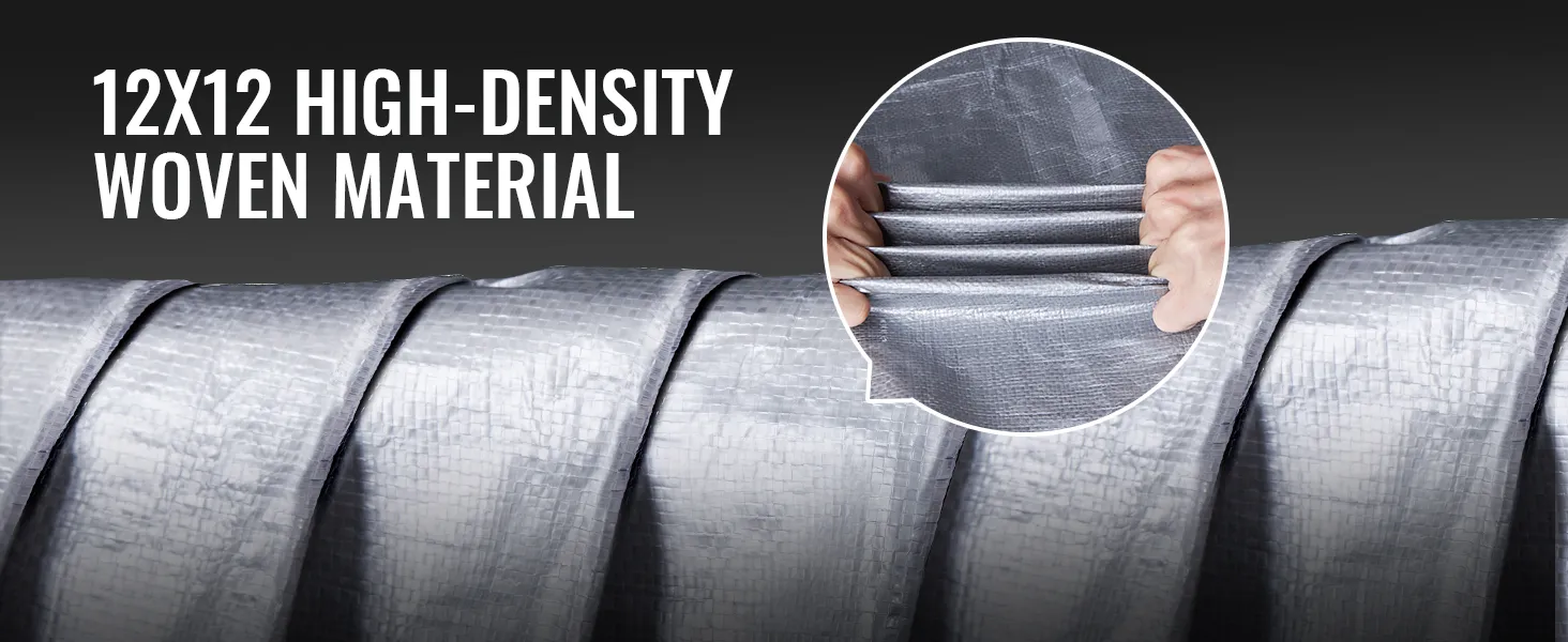VEVOR tarp waterproof, showcasing 12x12 high-density woven material, close-up of hand tensioning fabric.
