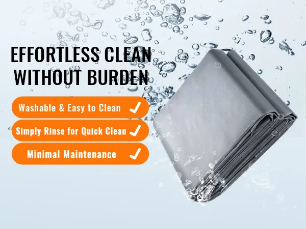 VEVOR tarp waterproof in water with text: effortless clean, washable, easy to clean, minimal maintenance