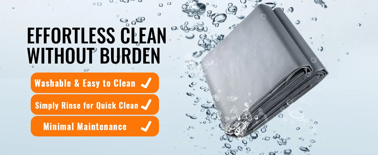 VEVOR tarp waterproof in water with text: effortless clean, washable, easy to clean, minimal maintenance