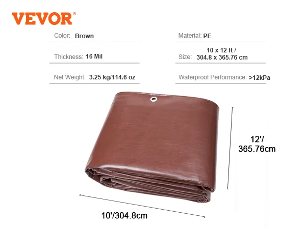 Lona impermeable VEVOR en color marrón, material PE, 10 x 12 pies, 16 mil de espesor, doblada con ojal visible.