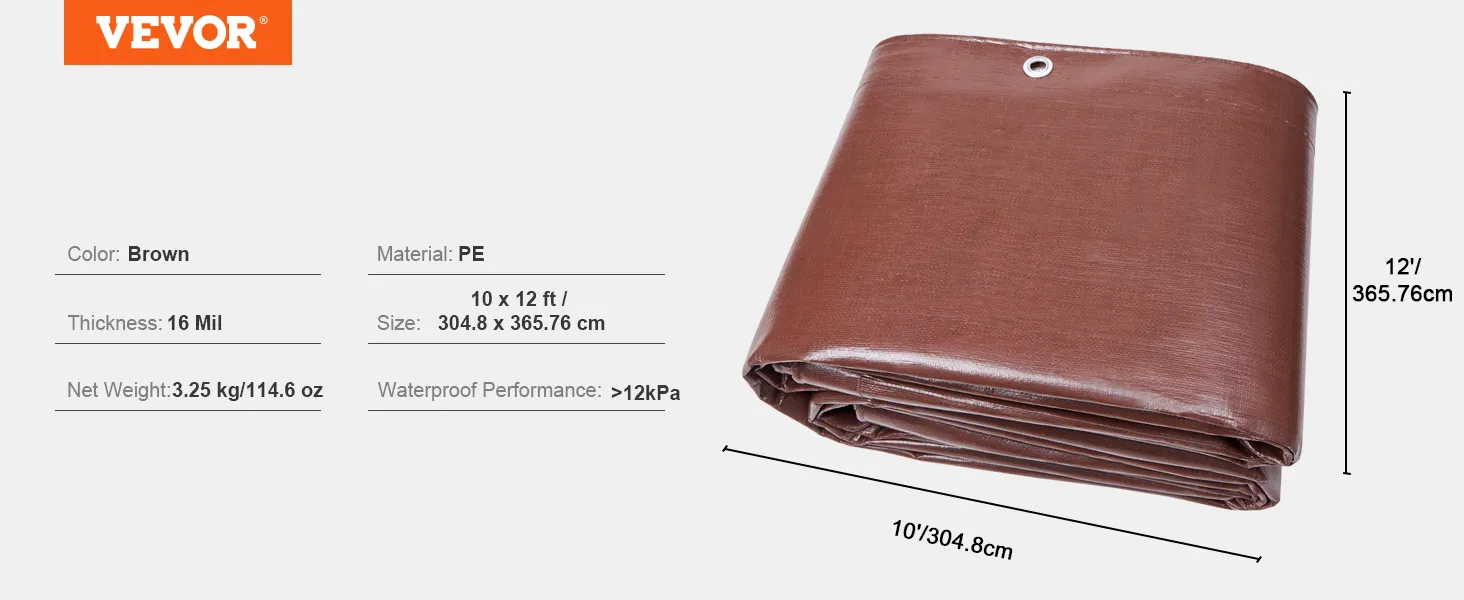 Lona impermeable VEVOR en color marrón, material PE, 10 x 12 pies, 16 mil de espesor, doblada con ojal visible.