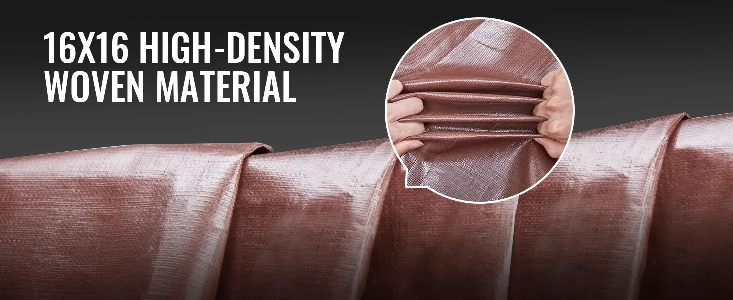 Lona impermeable VEVOR de material tejido de alta densidad de 16 x 16 en color marrón sostenida con las manos.