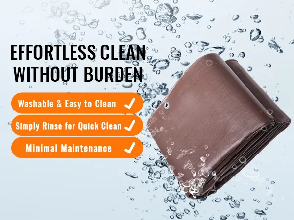 Lona impermeable VEVOR sumergible en agua con texto resaltado, fácil limpieza y mínimo mantenimiento.