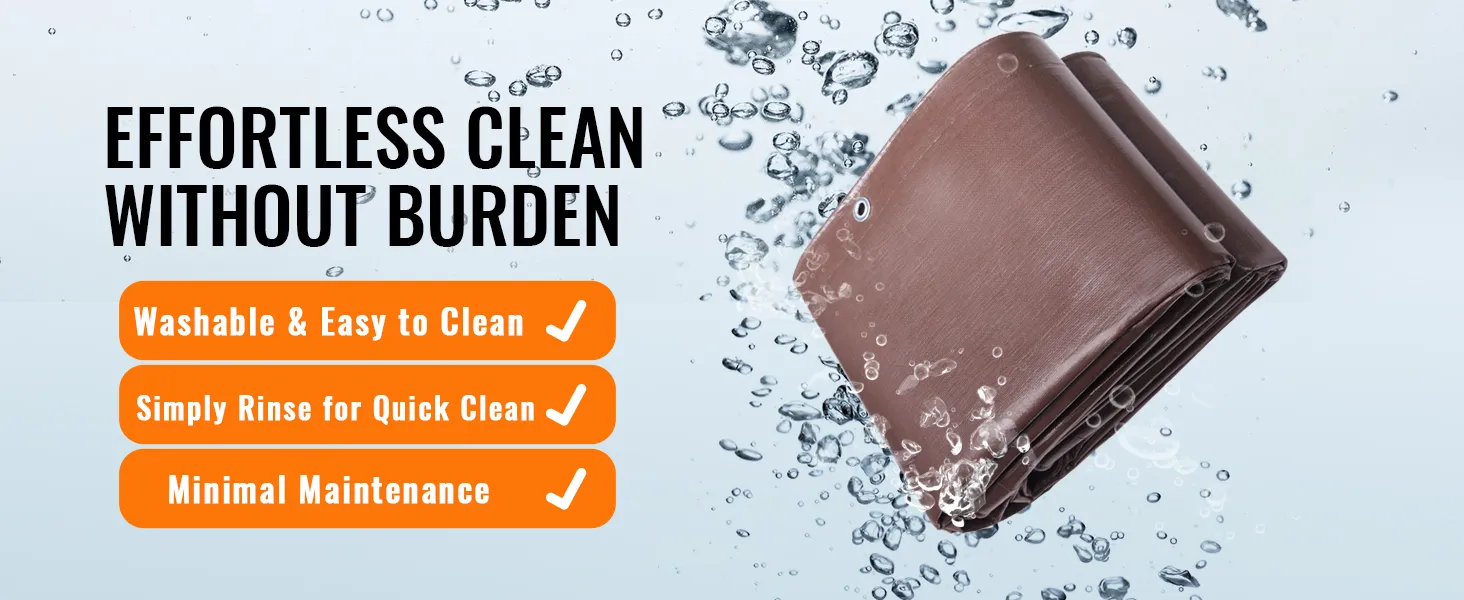 Lona impermeable VEVOR sumergible en agua con texto resaltado, fácil limpieza y mínimo mantenimiento.