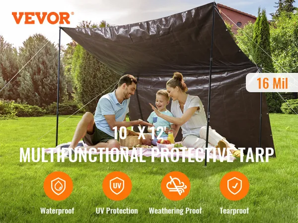 Lona impermeable VEVOR, 10'x12', multifuncional, resistente a los rayos UV, a la intemperie, a prueba de desgarros, 16 mil.