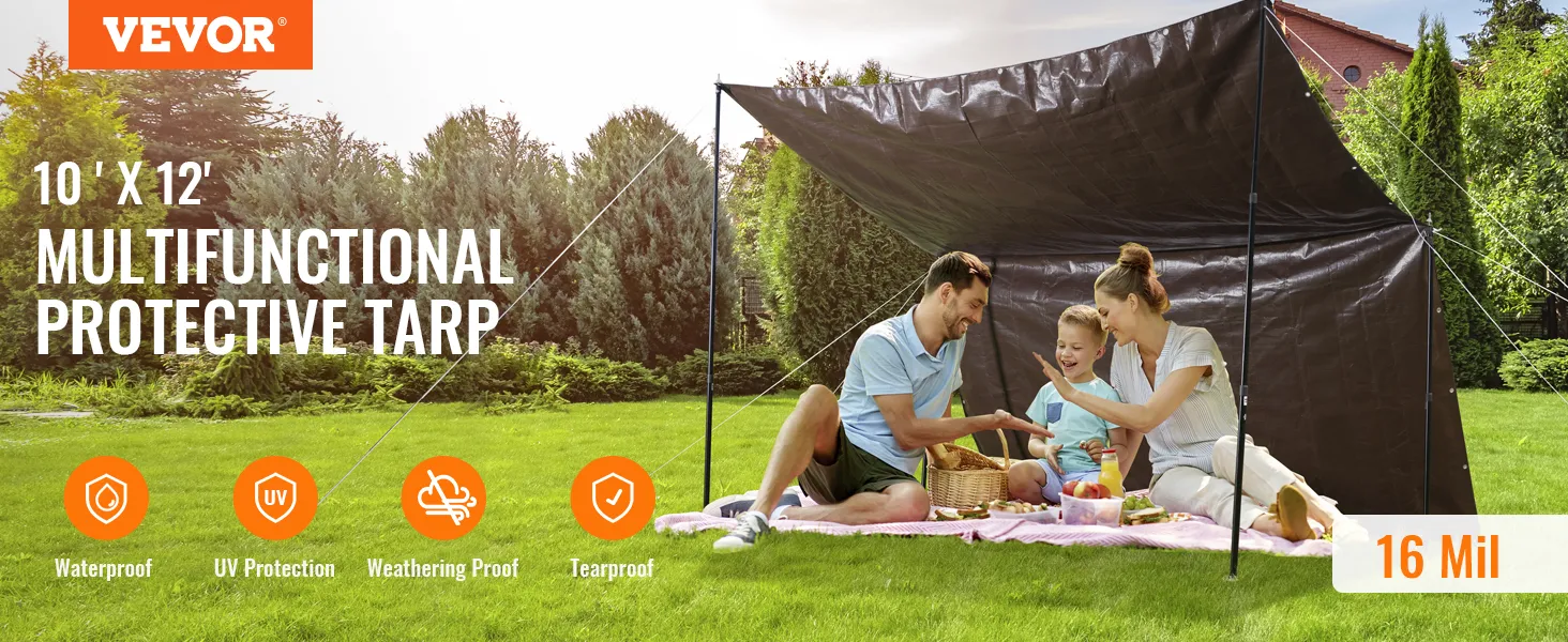Lona impermeable VEVOR, 10'x12', multifuncional, resistente a los rayos UV, a la intemperie, a prueba de desgarros, 16 mil.