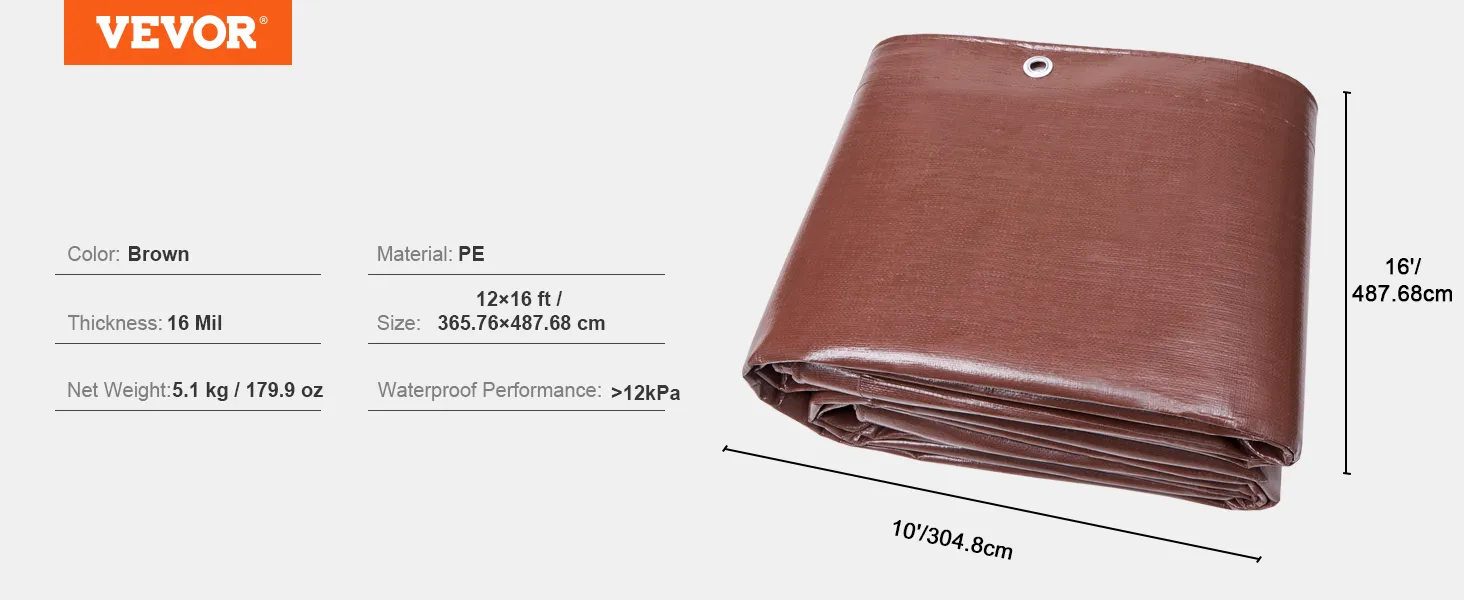 VEVOR waterproof tarp, brown pe material, 12x16 ft, 16 mil thickness, weight 5.1 kg, waterproof 12kpa.