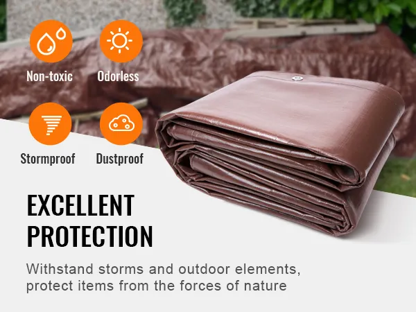 VEVOR waterproof tarp offering excellent protection against storms, non-toxic, odorless, stormproof, and dustproof.