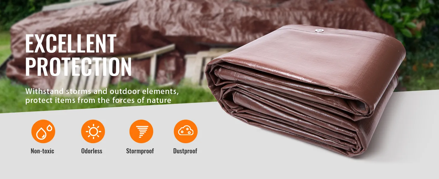 VEVOR waterproof tarp offering excellent protection against storms, non-toxic, odorless, stormproof, and dustproof.
