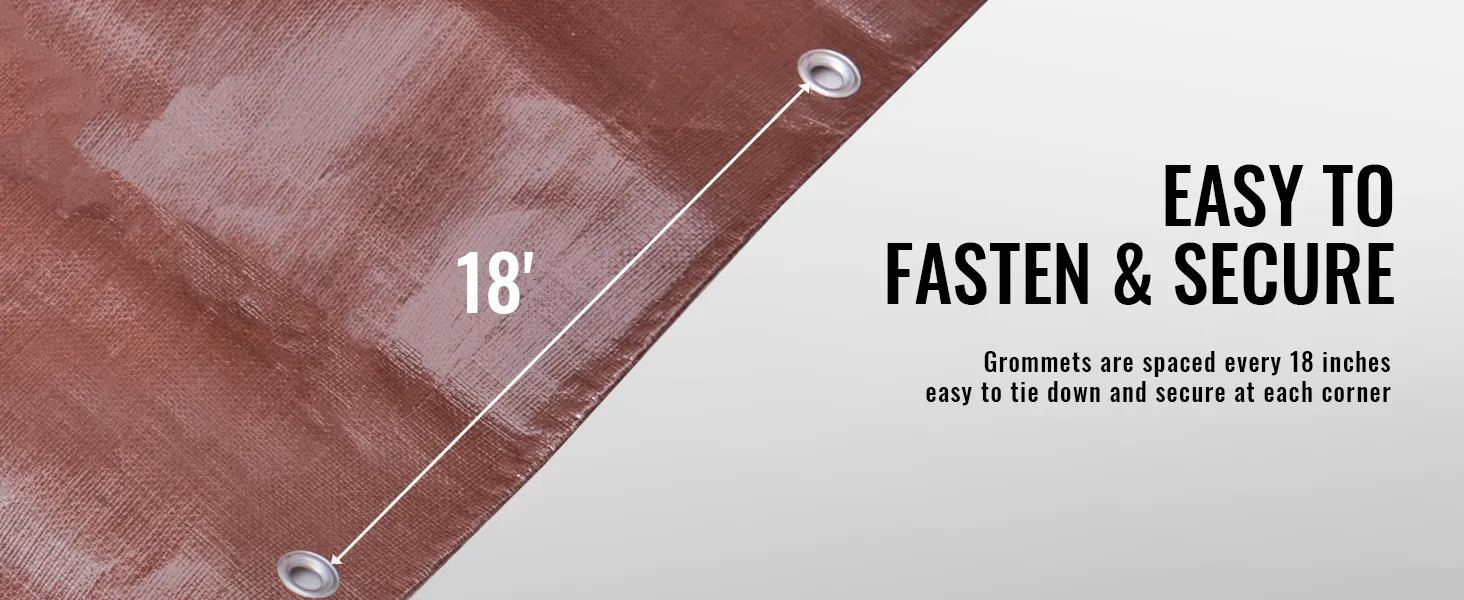 brown VEVOR waterproof tarp with grommets every 18 inches for easy fastening and securing.