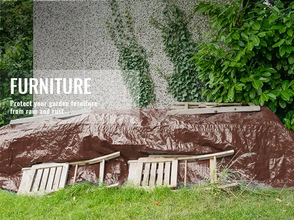 garden furniture covered by brown VEVOR waterproof tarp for protection against rain and rust in yard.