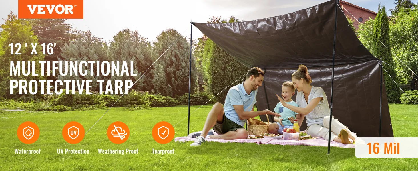 VEVOR waterproof tarp: 12x16 multifunctional protective tarp for outdoor use, perfect for picnics and camping.