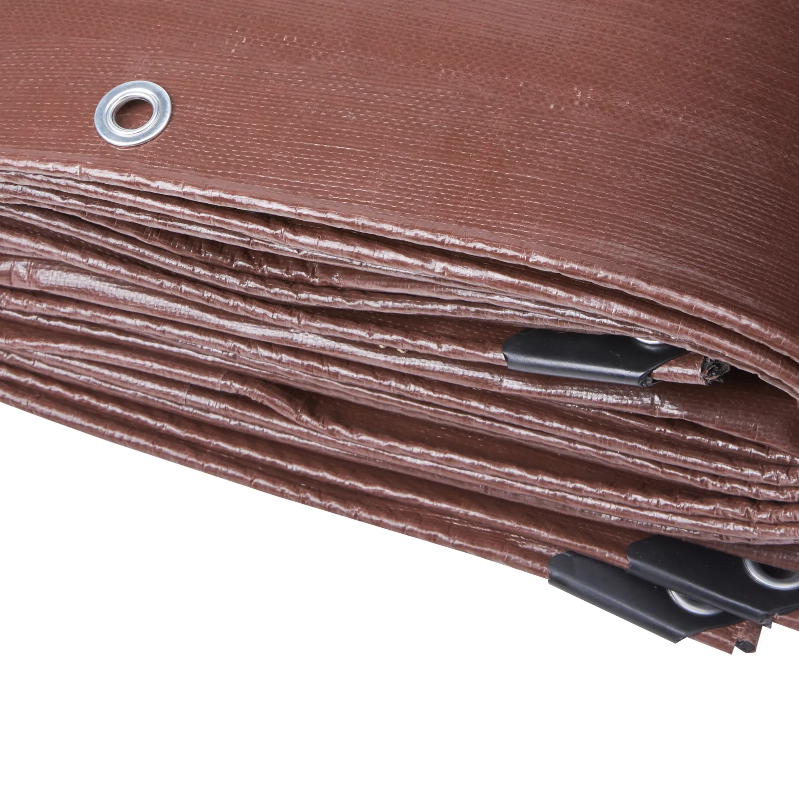 folded VEVOR waterproof tarp in brown with metal grommets and black edge reinforcements.