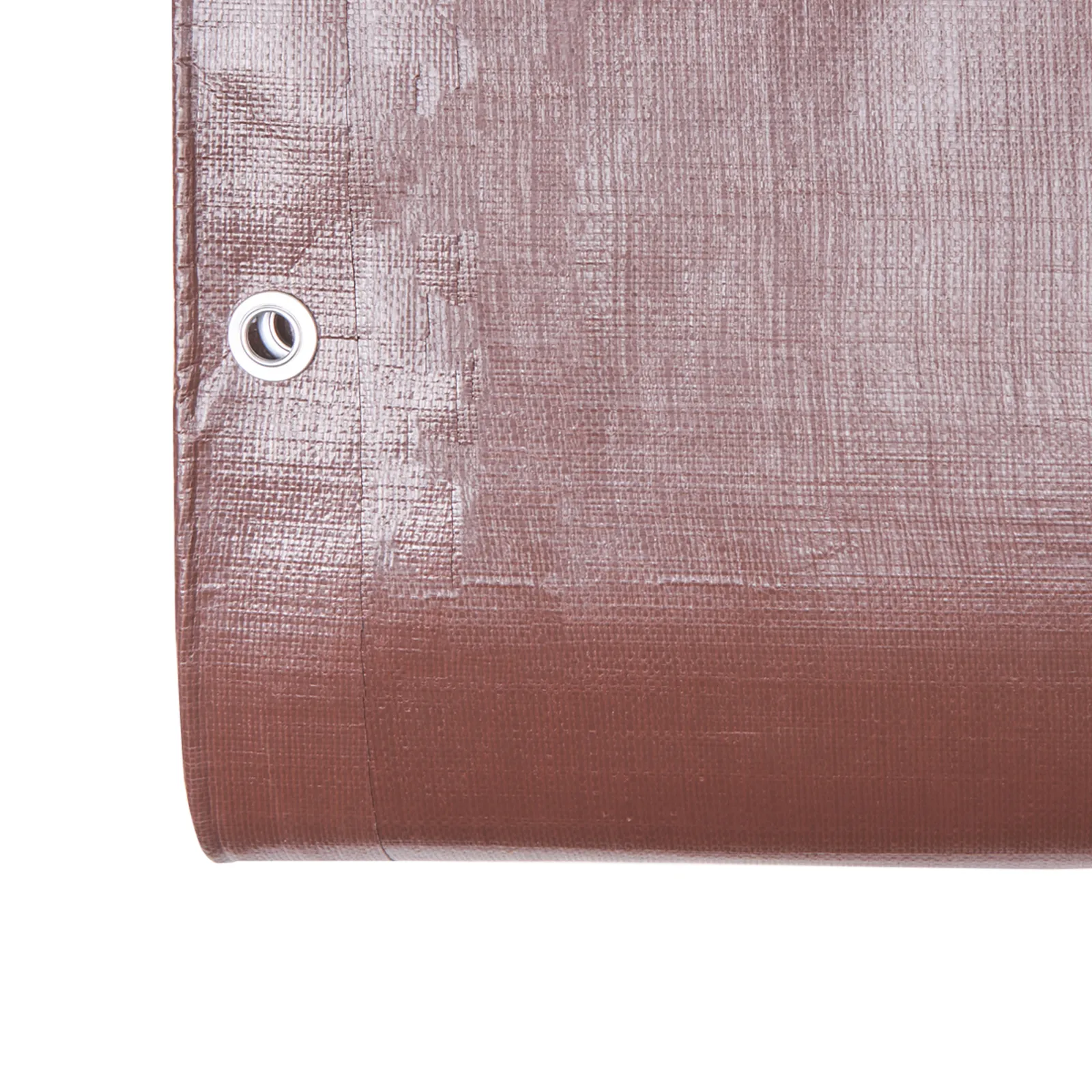 brown VEVOR waterproof tarp close-up showing durable material and metal grommet.