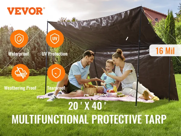VEVOR extra thick waterproof tarp providing shade for a family picnic in a green garden.