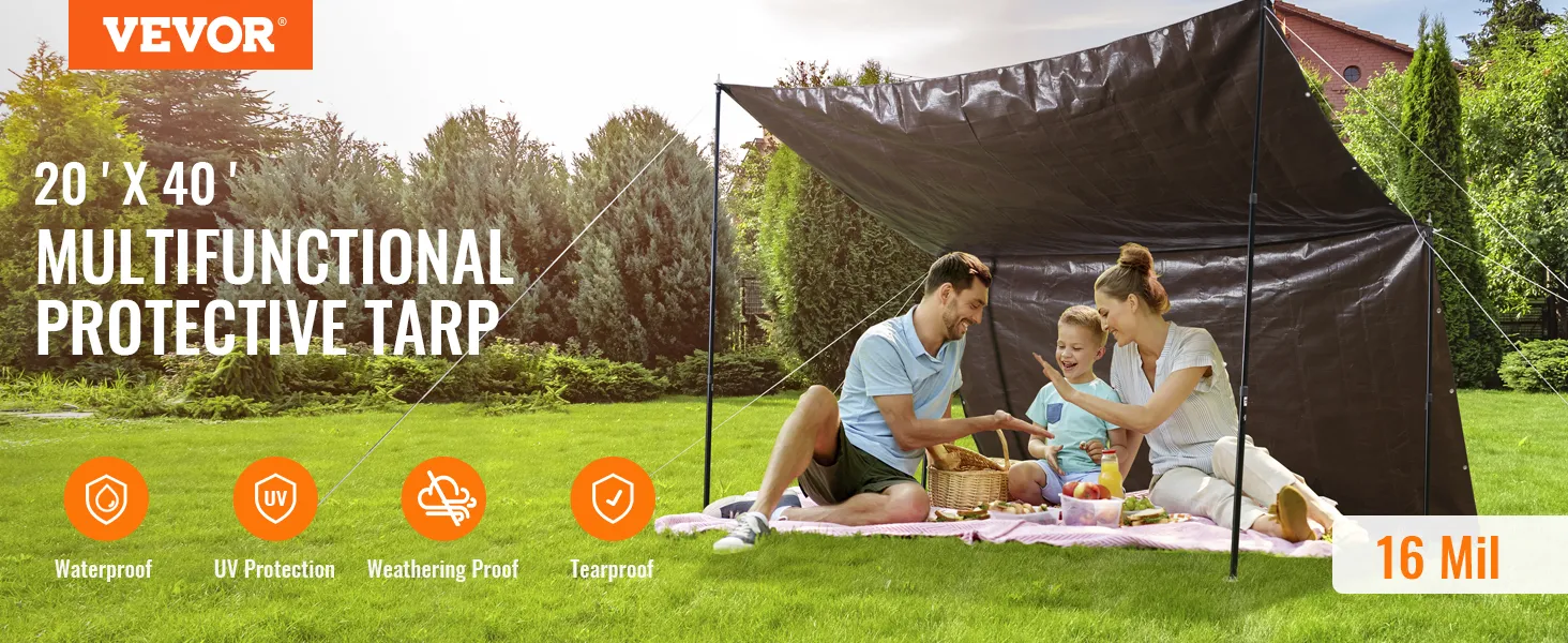 VEVOR extra thick waterproof tarp providing shade for a family picnic in a green garden.