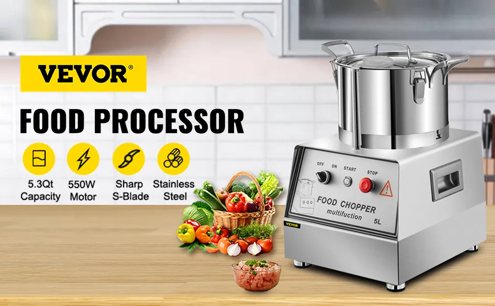 Procesador de alimentos VEVOR con capacidad de 5,3 qt, motor de 550w, cuchilla afilada en forma de S y acero inoxidable.