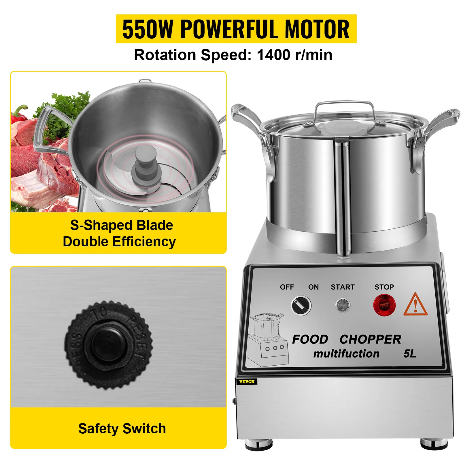 Procesador de alimentos VEVOR con motor de 550w, velocidad de 1400 r/min y capacidad de 5l.