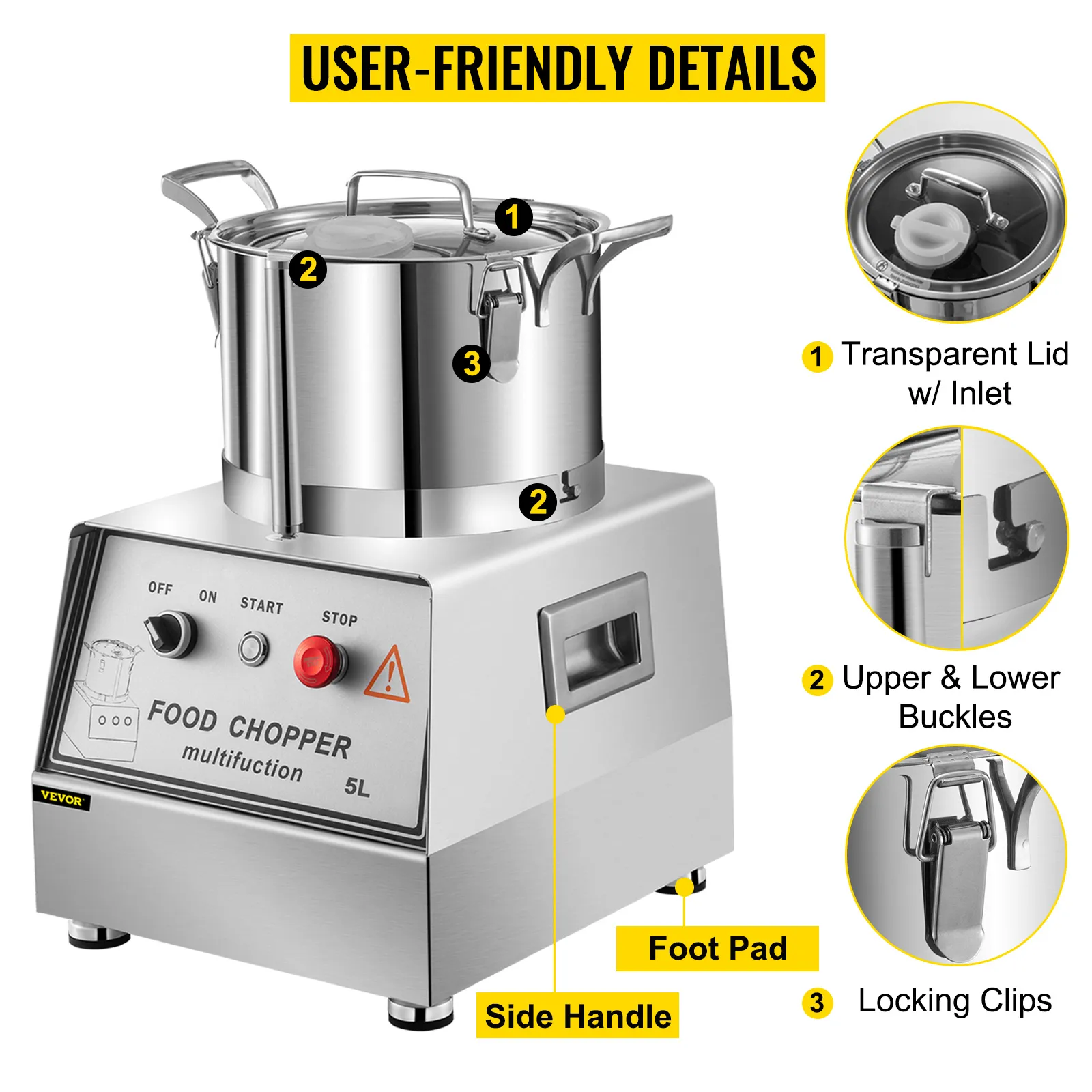 Procesador de alimentos VEVOR con tapa transparente, hebillas, clips de bloqueo, asa lateral y almohadilla para el pie.