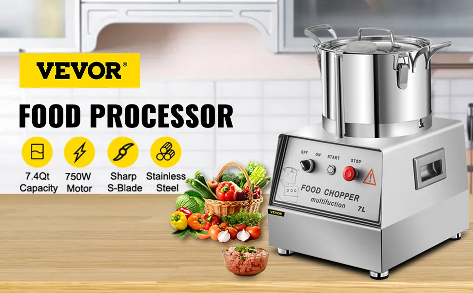 VEVOR commercial food processor with 7.4qt capacity, 750w motor, and stainless steel.