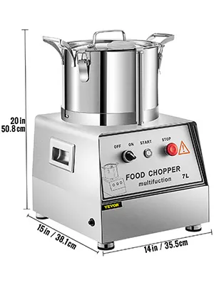 VEVOR commercial food processor, stainless steel, multifunction, 7l, dimensions shown.