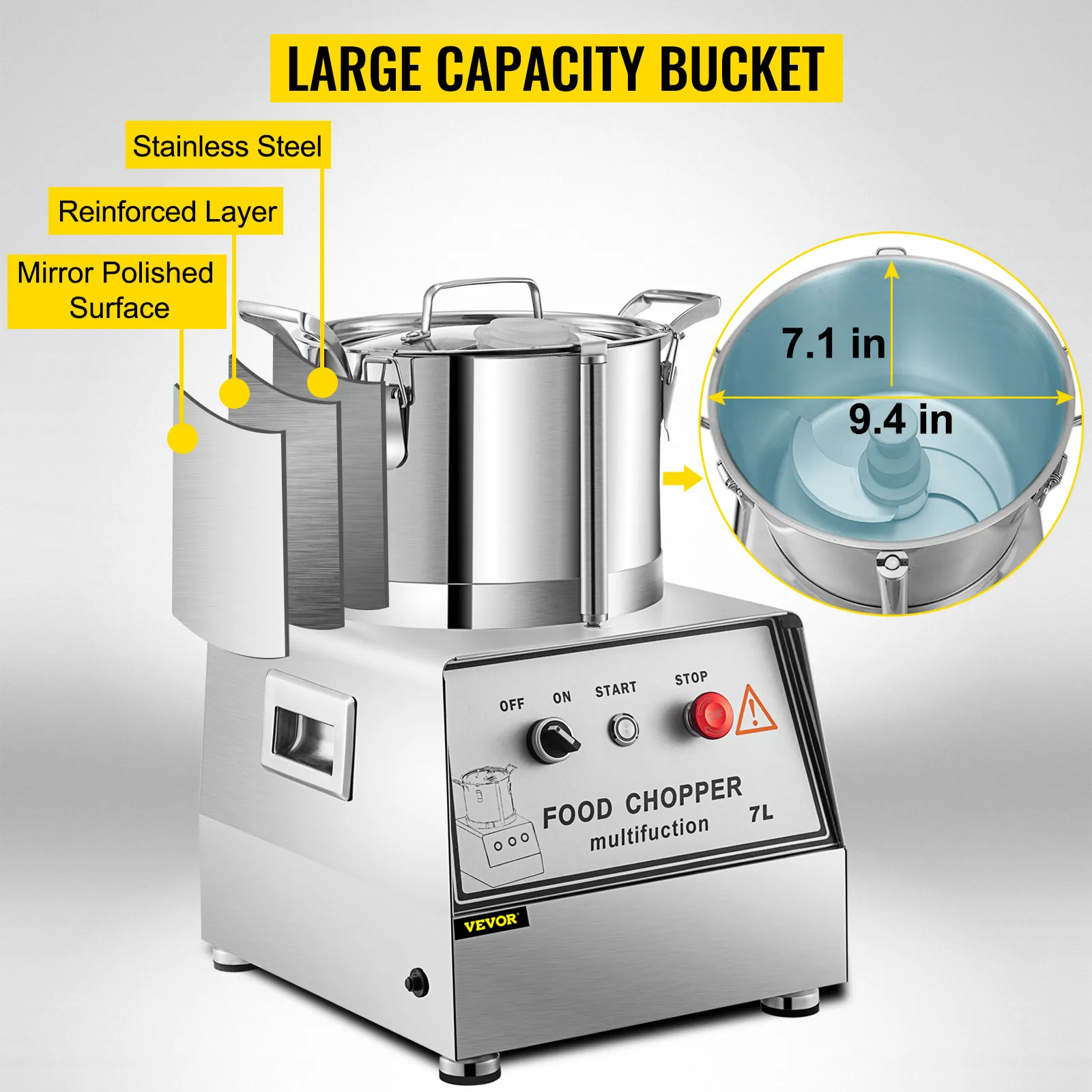 VEVOR commercial food processor with large stainless steel bucket and control buttons.