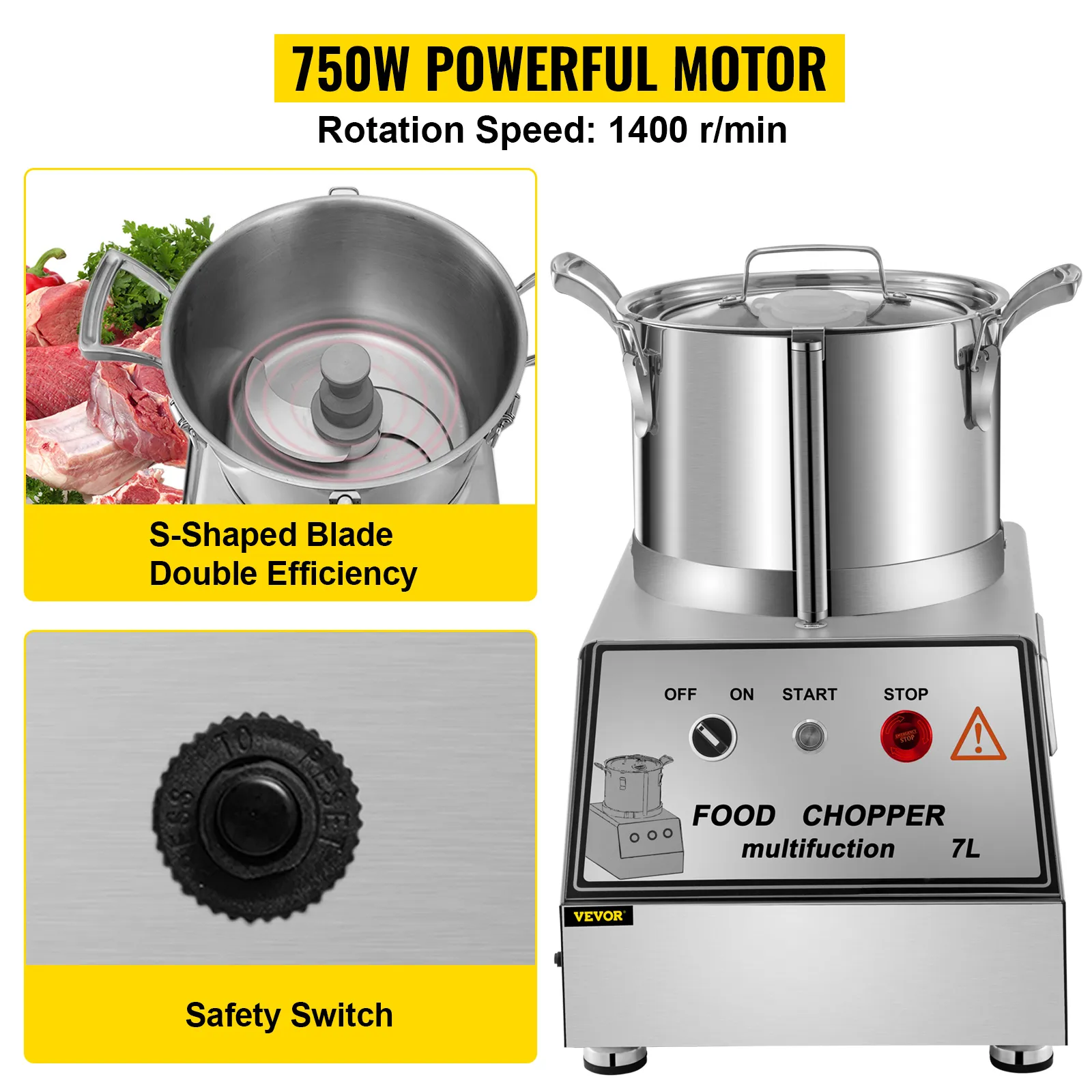 VEVOR commercial food processor with 750w motor and 7l capacity.