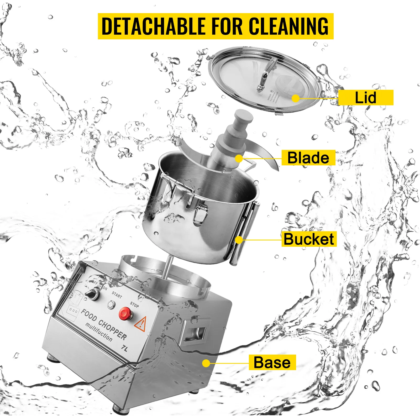 VEVOR commercial food processor with detachable lid, blade, bucket, and base.