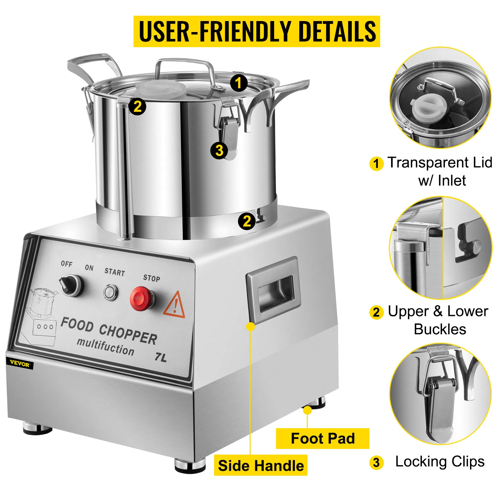VEVOR commercial food processor with 7l capacity, transparent lid, and locking clips.