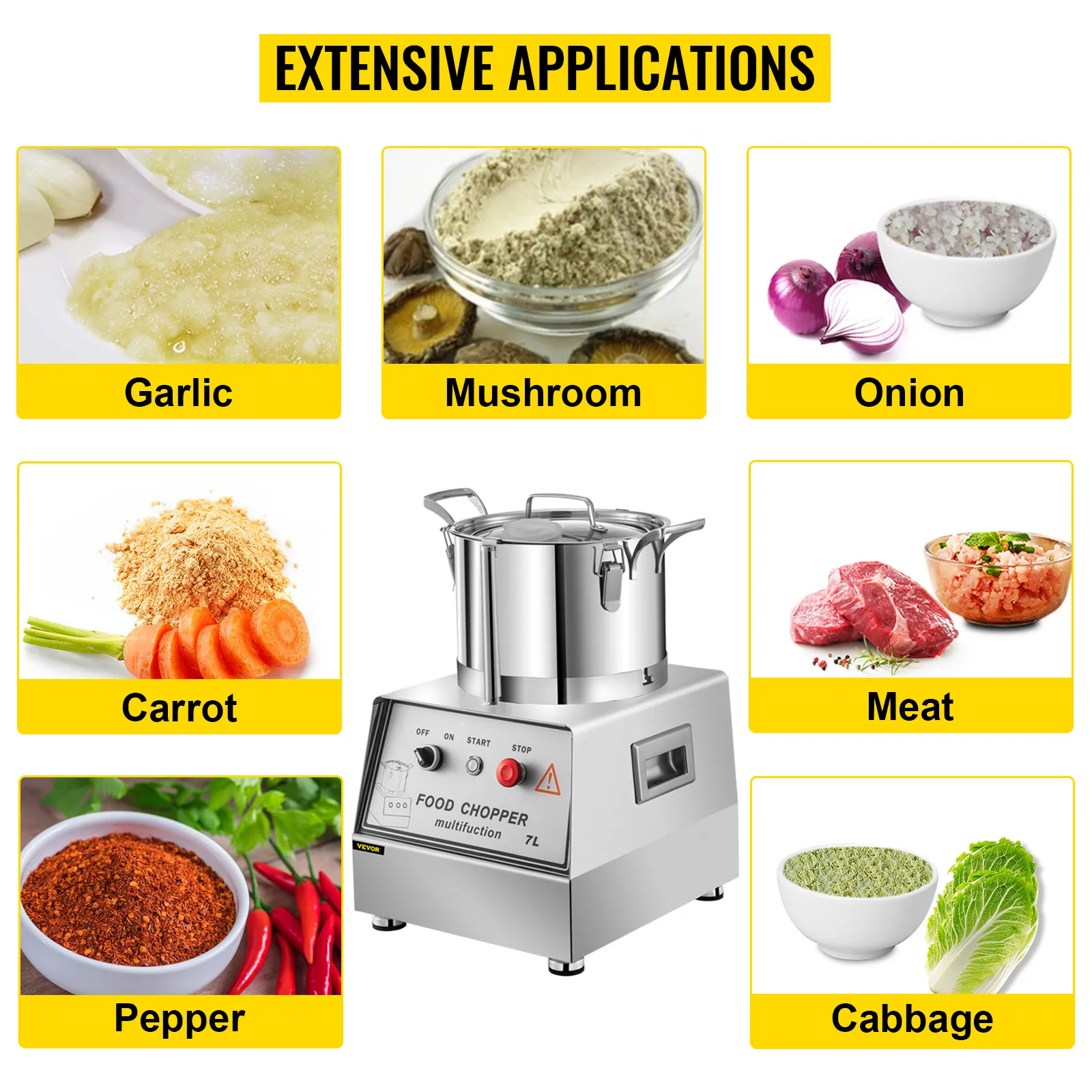 VEVOR commercial food processor with applications for garlic, mushroom, onion, carrot, meat.