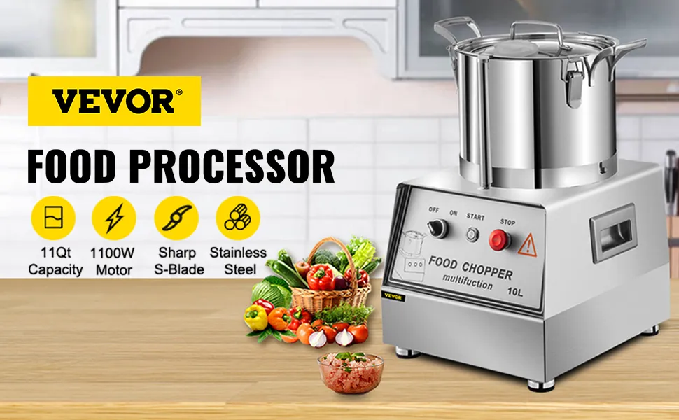 Procesador de alimentos comercial VEVOR en una encimera de cocina con verduras, motor de 1100w, capacidad de 11qt.