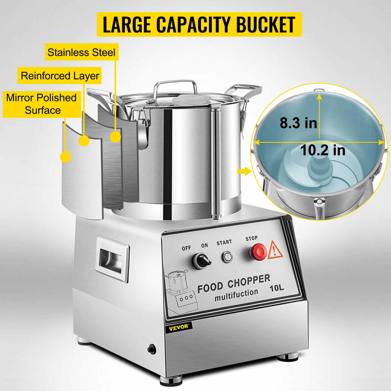 Procesador de alimentos comercial VEVOR con gran cubo de acero inoxidable de 10 l y panel de control.